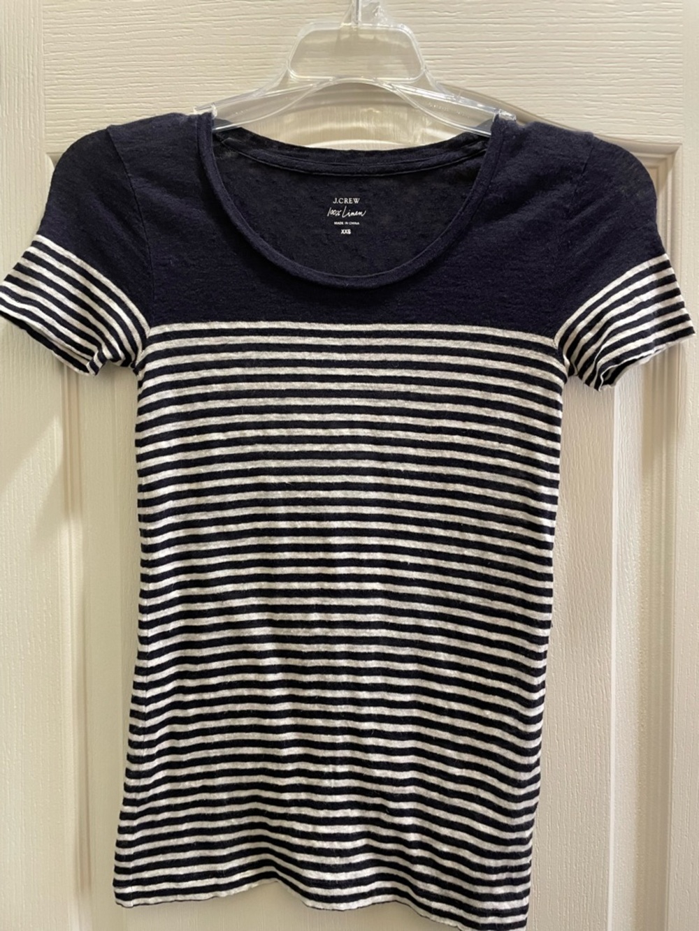 J Crew 100% Linen Striped T Shirt Navy Blue White Sz XXS Top Blouse